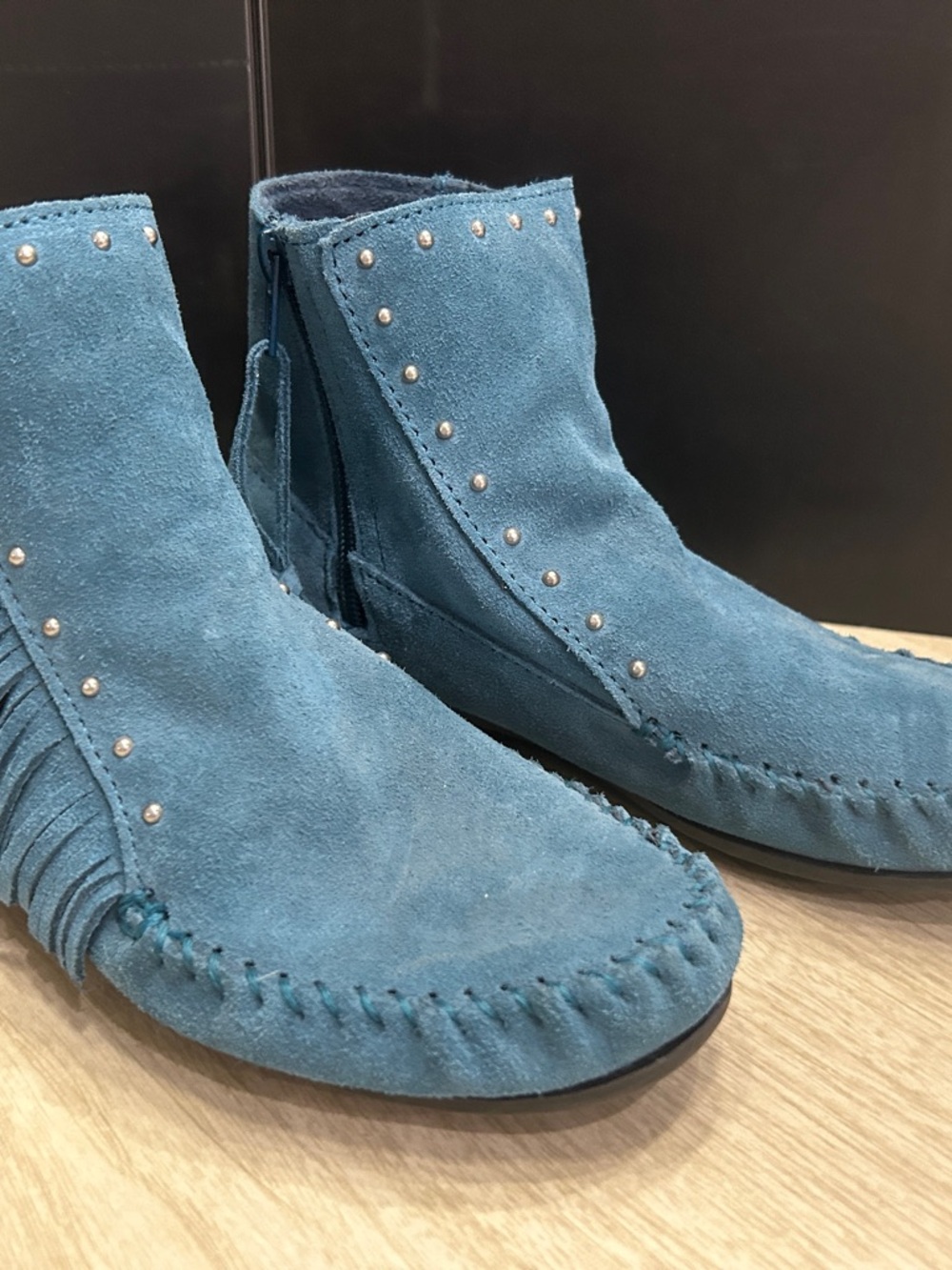 Minnetonka Teal Blue Suede Fringe Moccasin Boots - Picture 2 of 8